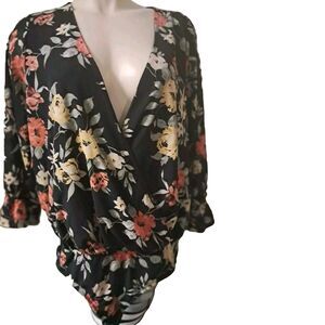 Ember Womens Floral Bodysuit Size Xl Long Sleeve V-Neck